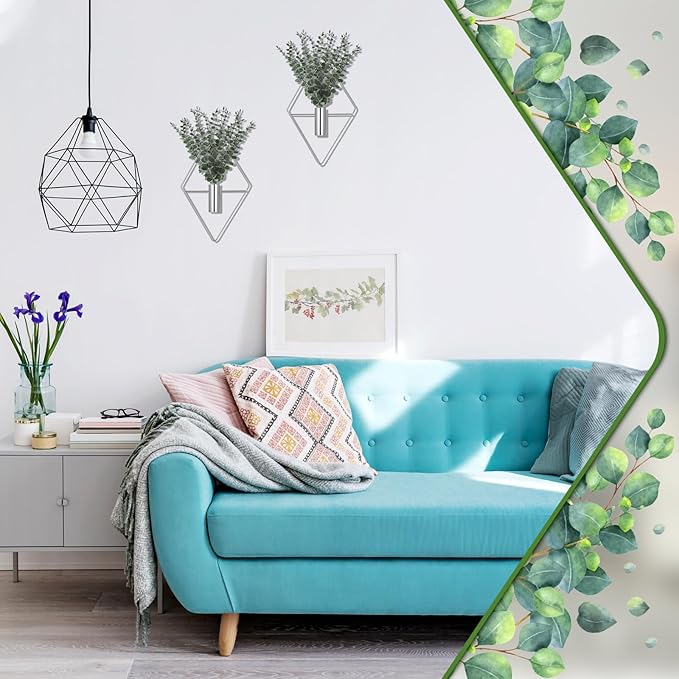 Jexine Hanging Planters with Artificial Eucalyptus Metal Hanging Vase Indoor Plants Holder Modern Geometric Boho Bathroom Wall Decor for Living Room Home Office(Chrome Sliver,4 Pcs)