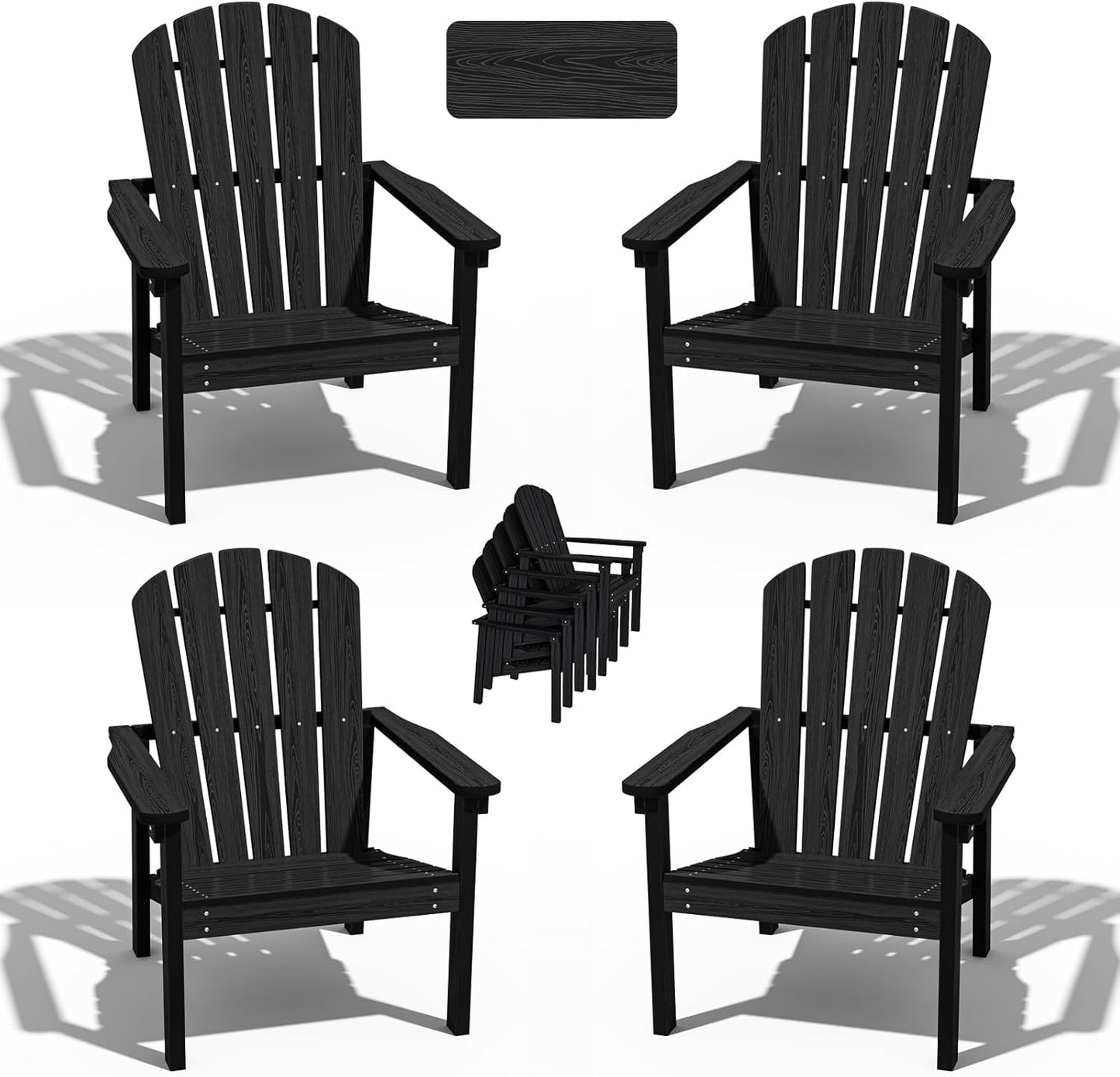 Stackable Adirondack Chair Set of 4, HDPE Outdoor Patio Chair - Durable and Space Saving, Suitable for Porches, Lawns or Garden, Black
