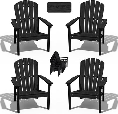 Stackable Adirondack Chair Set of 4, HDPE Outdoor Patio Chair - Durable and Space Saving, Suitable for Porches, Lawns or Garden, Black
