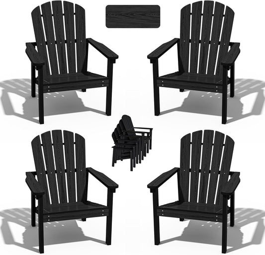 Stackable Adirondack Chair Set of 4, HDPE Outdoor Patio Chair - Durable and Space Saving, Suitable for Porches, Lawns or Garden, Black