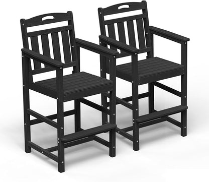 HDPE Outdoor Patio Tall Adirondack Bar Chairs Set of 2, All-Weather Bar Height Balcony Adirondack Stools for Bistro, Garden, Backyard, Pool, Deck | Matte Black
