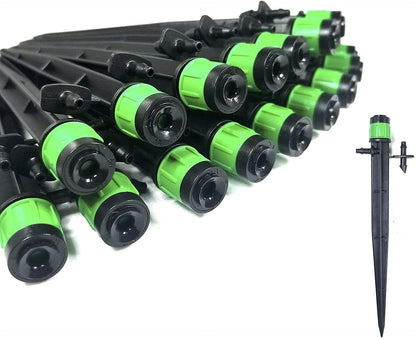 (100-PACK) - 1/4" Inch 360 Degree Drip Emitter On 5" Stake Sprayer Adjustable Flow 0-20 GPH, Fits 1/4 (4-6mm) Irrigation Tubing - Micro Bubbler Drippers for Drip Irrigation (100 Pack Dripper on Stake)