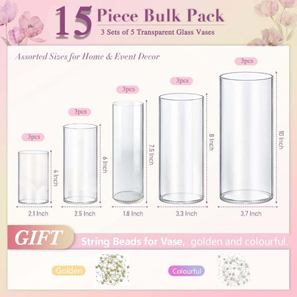 15pcs Cylinder Vases for Centerpieces Small Flower Glass Vases Clear Vase Home Decor Centerpiece Table Flower Vase Decorations for Wedding Decoration＆Holiday Mixed Sizes Tall