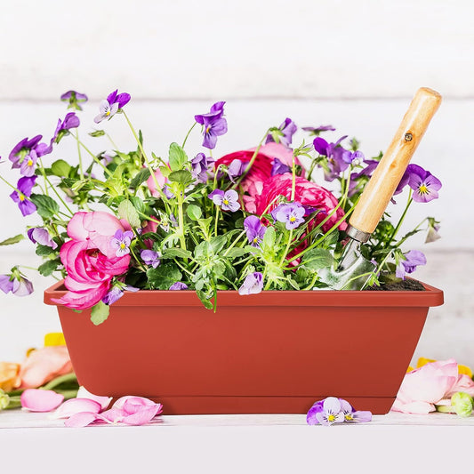 Window Box Planter, 12 Pack Plastic Vegetable Flower Planters Boxes 17 Inches Rectangular Flower Pots with Saucers for Indoor Outdoor Garden, Patio, Home Decor (Brick red)