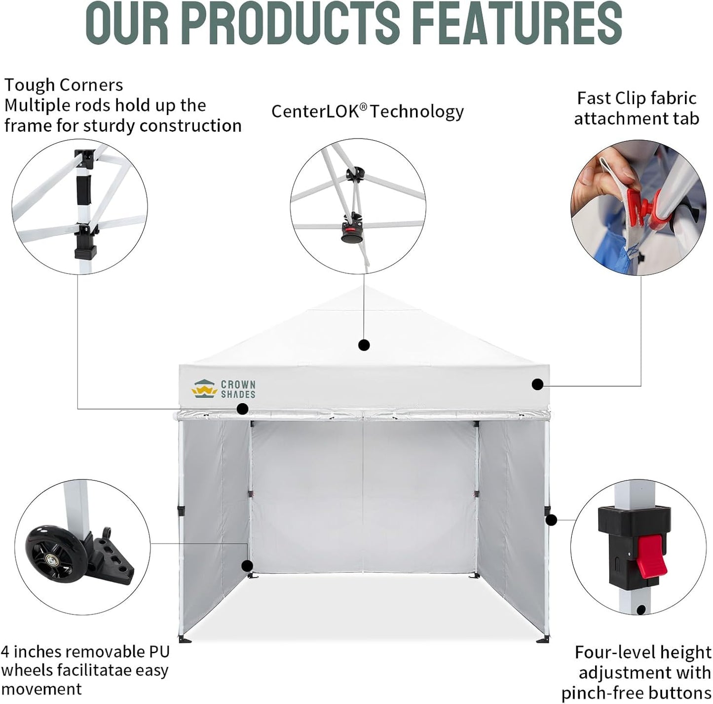 CROWN SHADES Pop Up Canopy Tent, 8x8 Commercial Canopy Tent with 4 Sidewalls, 4" Wheels, 4 Upgraded Weights, Patented Centerlock, 400D Fabric, Sto'N Go Bag, White