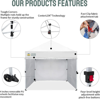 CROWN SHADES Pop Up Canopy Tent, 8x8 Commercial Canopy Tent with 4 Sidewalls, 4" Wheels, 4 Upgraded Weights, Patented Centerlock, 400D Fabric, Sto'N Go Bag, White