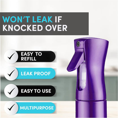 Hula Home Continuous Spray Bottle for Hair (10.1oz/300ml) Empty Ultra Fine Plastic Water Mist Sprayer – For Hairstyling, Cleaning, Salons, Plants, Essential Oil Scents & More - Purple