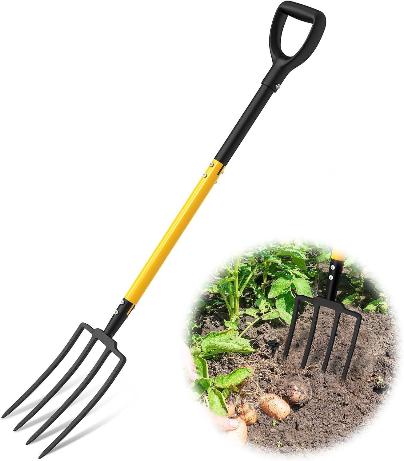 Pitch Fork, 4 Tine Heavy Duty Garden Fork with Ergonomic No-Slip D-Grip Handles, 45 Inches Long Handle Spading Fork, Perfect for Gardening Digging, Land Management, Yard work, Farming (Black)