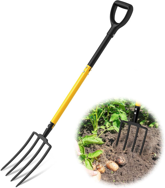 Pitch Fork, 4 Tine Heavy Duty Garden Fork with Ergonomic No-Slip D-Grip Handles, 45 Inches Long Handle Spading Fork, Perfect for Gardening Digging, Land Management, Yard work, Farming (Black)