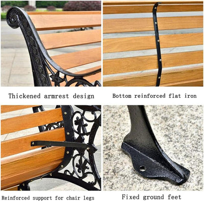 Outdoor Bench, Porch Bench, Garden Park Bench, Cast Aluminum Preservative Wood Bench with Backrest and Armrests for 2-3 People Porch/Deck/Patio Furniture(Teak+Antique Bronze Legs,125CM)