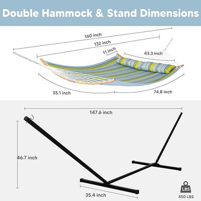SUNCREAT Portable Outdoor Hammock with Stand Included, Double Hammock with Stand for Outside, Yellow Blue