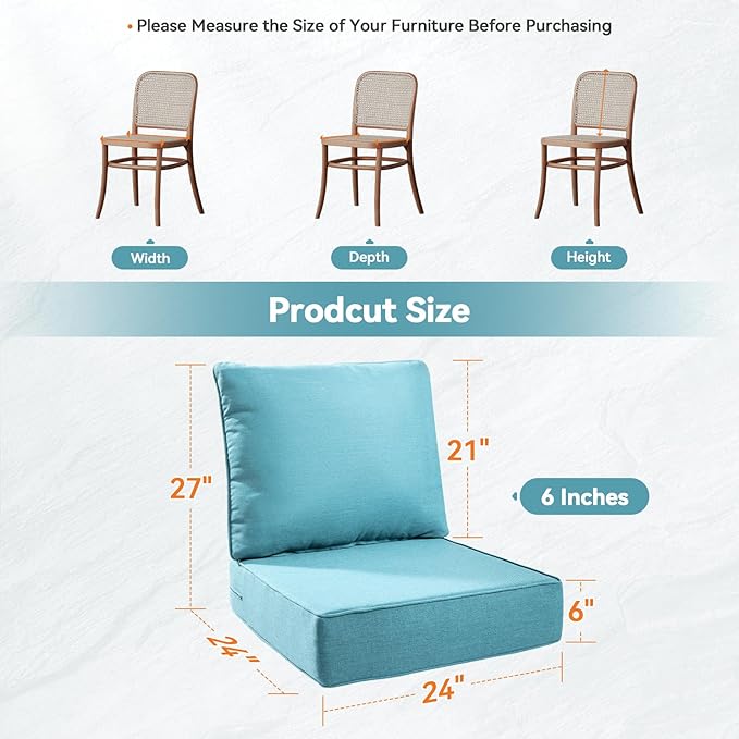 Luxury 6" Outdoor Cushions for Patio Furniture, 24x24x6" Thick Seat Cushion Set of 9, Fade Resistant Couch Chair Replacement Cushions High Density Deep Wicker Chair Cushion w/ Removable Cover, Teal