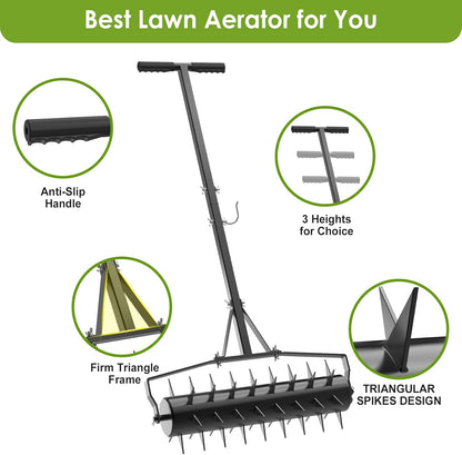 Seeutek 23 Inch Rolling Lawn Aerator - Upgraded Heavy Duty Aerator Lawn Soil Penetrator Spikes w/ 3 Adjustable Height Handles, Manual Aerator Lawn Tool for Garden Yard