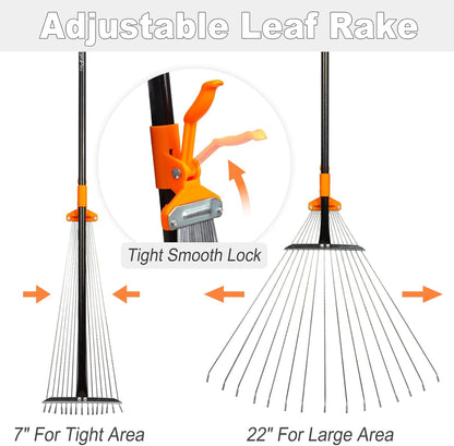 Leaf Rake for Lawns, Adjustable Garden Rake for Leaves with Long Handle, 61 Inches