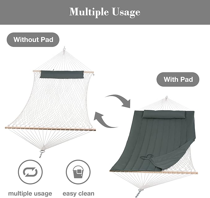 SUNCREAT Portable Double Rope Hammock with Pad, Two Person Tree Hammock for Garden, Backyard, Patio, Poolside, Gray Green