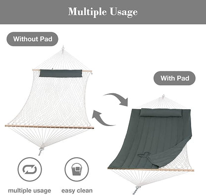 SUNCREAT Portable Double Rope Hammock with Pad, Two Person Tree Hammock for Garden, Backyard, Patio, Poolside, Gray Green