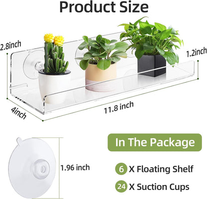Windproof Window Plant Shelves 6 Pack - 15" Suction Cup Floating Shelf Set for Indoor Plants, Herb Gardens, Books & Decor, Bathroom and Kitchen Space-Saving Wall-Mounted Clear Acrylic Sill Extender