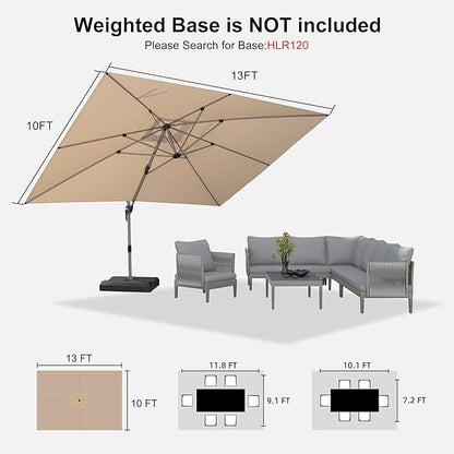 PURPLE LEAF 10' X 13' Patio Umbrella, Rectangle Outdoor Cantilever Umbrella, Aluminum Offset Umbrella with Champagne Frame and 360° Rotation for Pool Deck Garden, Beige