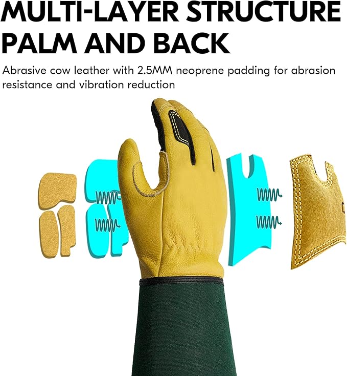 Vgo... Safety Work Gloves Men,Extra-long Cuff, Cow Grain Leather,Puncture-proof, Thornproof, Durability, Touchscreen,Gardening (1 Pair,Size XL, Golden Green, CA7472)