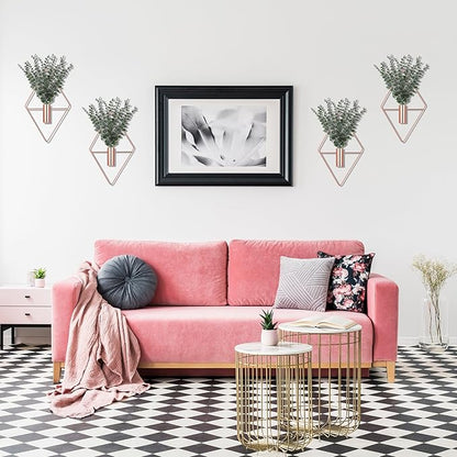 Jexine Hanging Planters with Artificial Eucalyptus Metal Hanging Vase Indoor Plants Holder Modern Geometric Boho Bathroom Wall Decor for Living Room Home Office(Rose Gold,8 Pcs)
