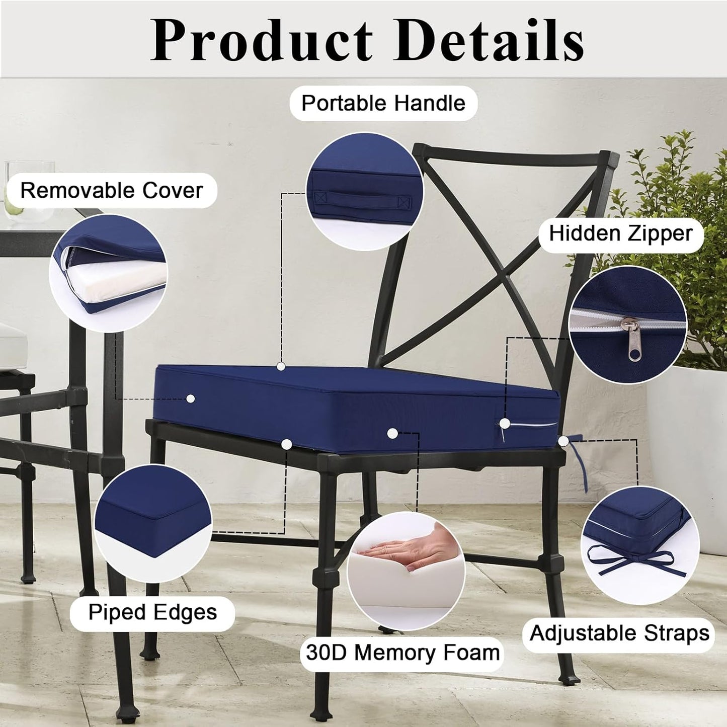 Outdoor Chair Cushions Set of 2 for Patio Furniture 24x24x4 Inch Waterproof Patio Chair Cushion 3 Year Color Fastness Square Elastic Foam Garden Sofa Couch Pads with Ties and Handle,Blue