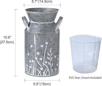 Vintage Galvanized Metal Milk Can, Farmhouse Rustic Flower Pitcher Vase, Decorative Floral Milk Jug Vase for Home Décor, 10.8’’H