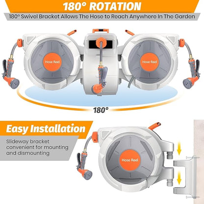 Retractable Garden Hose Reel 5/8 in x 100 Ft, EliteEdge Wall Mounted Garden Hose Reel, with 9 Function Sprayer Nozzle, Any Length Lock, Lock/Automatic Slow Return System, 180° Swivel Bracket