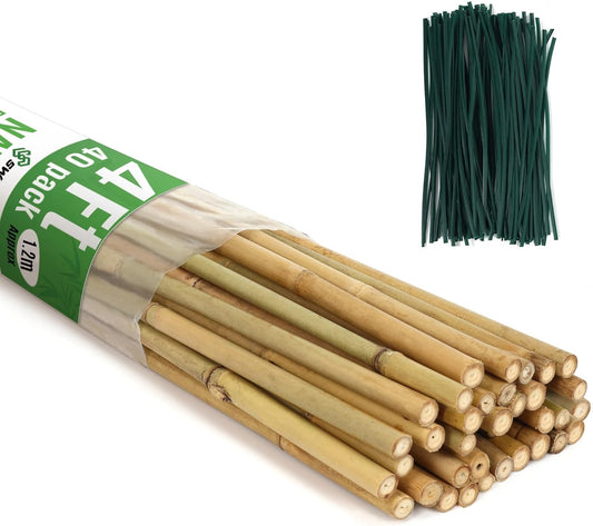 SWANGSA 40 Pack 4 Feet Bamboo Stakes for Plant, Bamboo Sticks Plant Support Garden Stakes Poles with 200pcs Twist Ties for Tomatoes, Beans, Flowers, Potted Plants, Indoor and Outdoor Climbing Plants