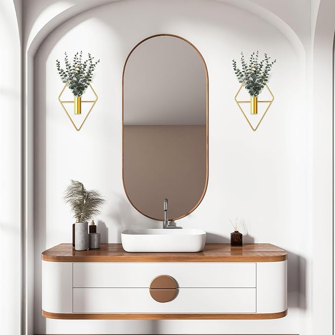 Jexine Hanging Planters with Artificial Eucalyptus Metal Hanging Vase Indoor Plants Holder Modern Geometric Boho Bathroom Wall Decor for Living Room Home Office(Gold,8 Pcs)