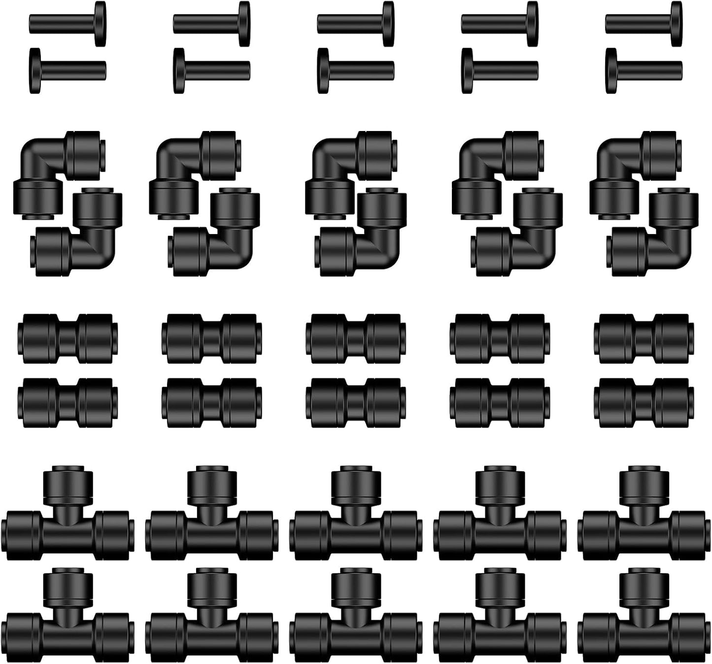 Pawfly 40 Pcs Quick Connect Drip Irrigation Fittings Kit for 1/4" Tubing, Push-to-Fit Drip Line Connectors Set with 10 Tees, 10 Couplings, 10 Elbows & 10 End Plugs, Anti-Leak Drip Irrigation Parts