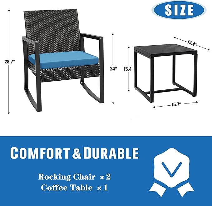 WWR 3 Pieces Outdoor Patio Furniture Set Rocking Wicker Rattan Chair Set Patio Bistro Conversation Set 3 Pcs with Coffee Table for Yard & Bistro (Blue)