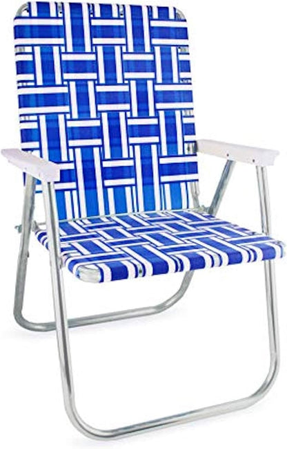 Lawn Chair USA Folding Aluminum Outdoor Patio Lawn Chair | Heavy-Duty Webbed Chairs for Camping, Sports, Beach, Yard & Tailgating | Lightweight Portable | Classic - Blue and White with White Arms