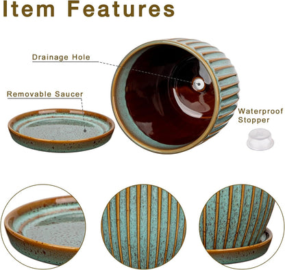 Oairse Ceramic Pots for Indoor Plants, 4.9 + 5.7 Inch Set of 2 Bluish Grey With Drainage Holes and Saucers, Texture Planters for Succulent, Indoor Outdoor Flower