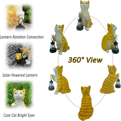 Garden Decor Solar Cat Statues with Solar Lantern Outdoor Decor Lovely Tabby cat Figurine Halloween Yard Decoration Spooky Lawn and Garden Decor Holiday Party Ornament for Cat Lovers