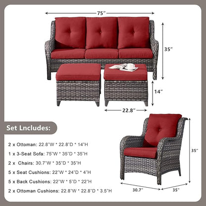 Rilyson Outdoor Patio Wicker Furniture Set - 5 Piece Rattan Patio Conversation Sectional Sofa Set with 1 Couch,2 Armchairs,2 Ottomans for Porch Deck Garden(Mixed Grey/Red)