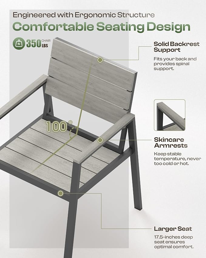 Outdoor Dining Set for 4, Patio Table and Chairs Set with Umbrella Hole, 5 Pieces HDPS Outdoor Furniture Sets for Patio, Garden, Backyard (Gray)