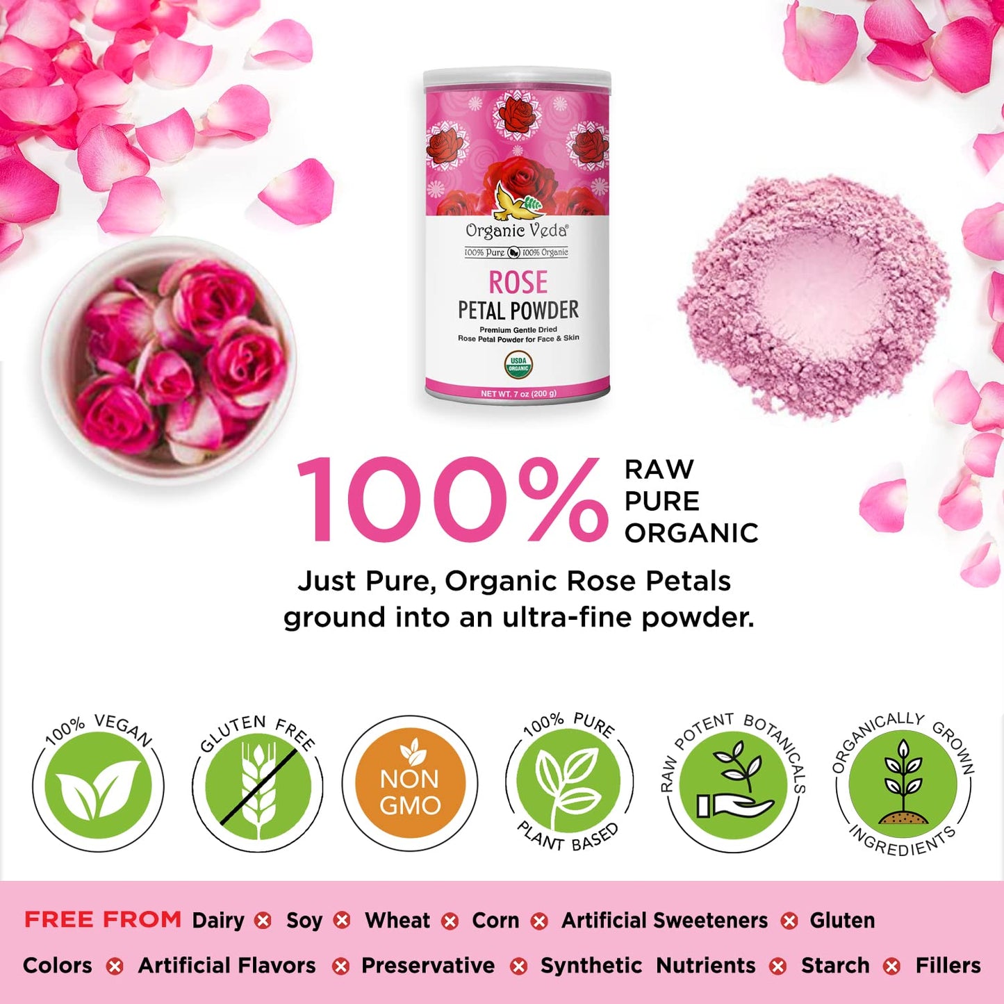 Organic Veda Edible Rose Petal Powder - Organic Rose Petal Powder for Cooking, Herbal Tea, Smoothies, Toppings - Natural Rose Petal Powder for DIY Face Masks, Skin, Hair Care - Vegan, No Gluten - 16oz