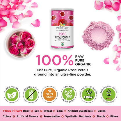 Organic Veda Edible Rose Petal Powder - Organic Rose Petal Powder for Cooking, Herbal Tea, Smoothies, Toppings - Natural Rose Petal Powder for DIY Face Masks, Skin, Hair Care - Vegan, No Gluten - 16oz