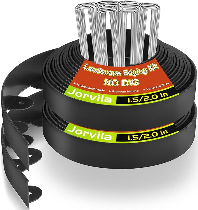 Landscape Edging, 1.5" x 60' Plastic Garden Edging with 60 Pcs Metal Spikes, Flexible Garden Border for Lawn, Landscaping, Flower Beds