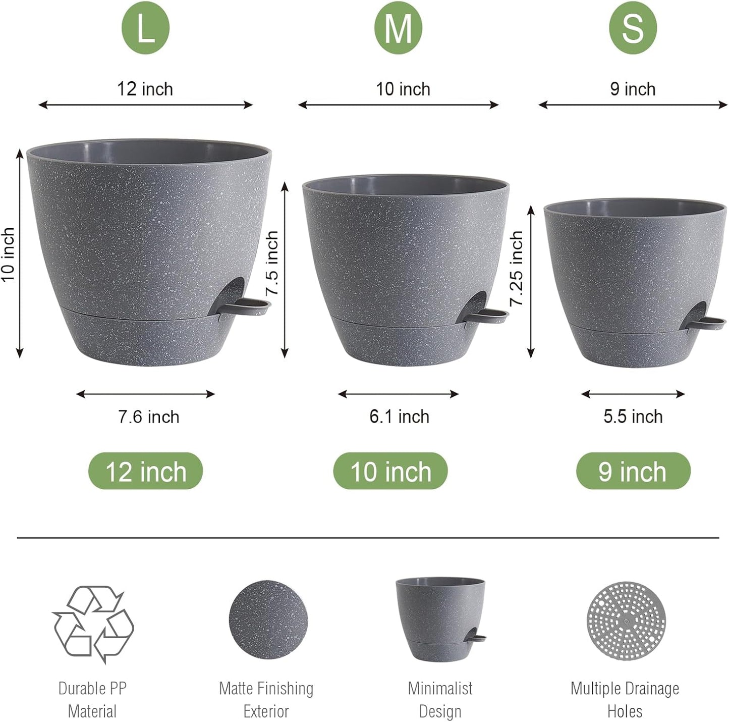 Large Self Watering Pots, 12/10/9 Plastic Planters with High Drainage Holes and Deep Reservoir for Indoor Outdoor Garden Plants and Flowers, Grey Speckles