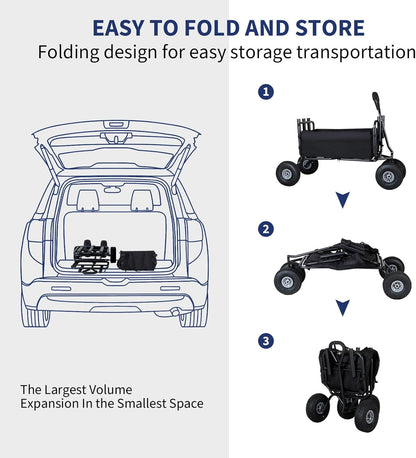 Polar Aurora Fishing Cart Beach Cart Collapsible Wagon w/11'' All-Terrain Wheels for Sand, Heavy Duty Garden Cart with Rod Holders,Umbrella Holder and Storage Pockets, 550lb Large Capacity