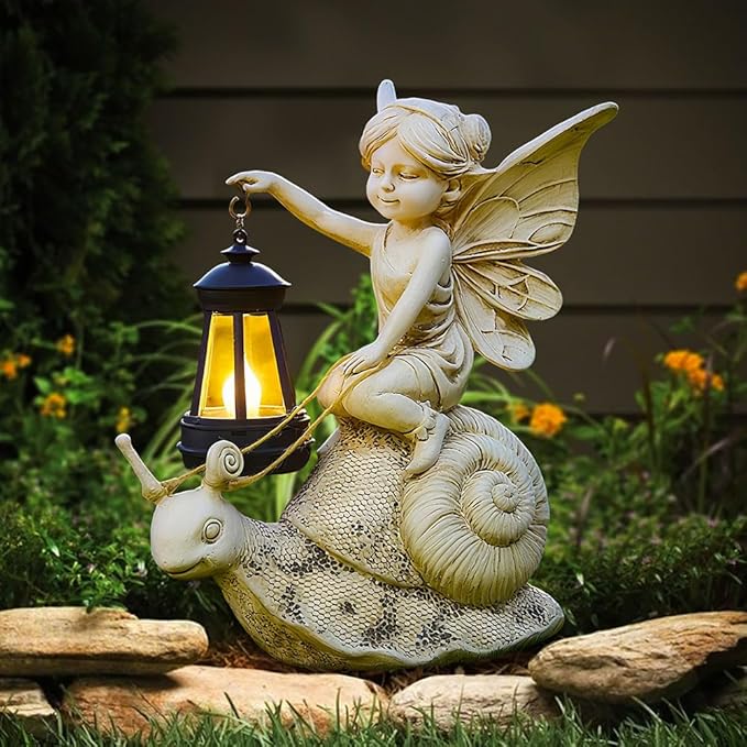 Solar Snail Statue Light, Outdoor Resin Solar Garden Sculpture, Fun Elf Riding Snail Fairy Tale Statue, Lawn, Patio Outdoor Unique Home Dcoration, Lady Gift!
