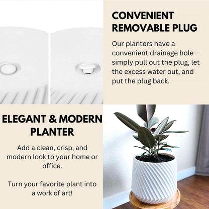 Fox & Fern 10 Inch Plant Pot with Drainage Plug — Premium Polystone White Plant Pot; Modern Planter with 3D Texture and Ceramic Finish; 10 Inch Pots for Plants Indoor & Outdoor