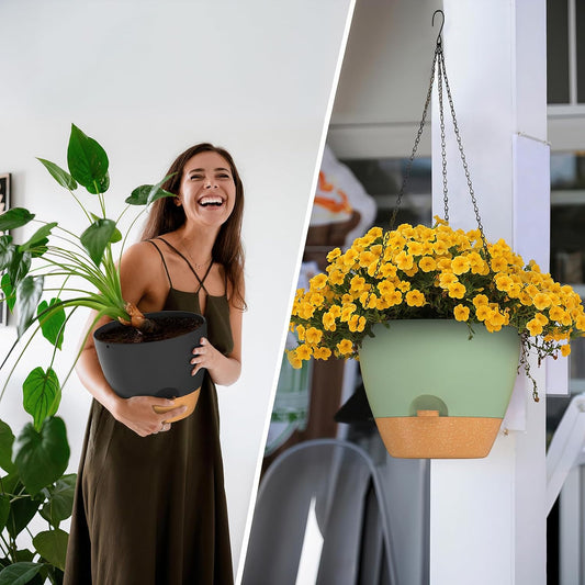 ZMTECH 12 Inch Hanging Planters for Indoor Outdoor Plants, 1 Pack Self Watering Hanging Plant Pots with Drainage Holes and Removable Saucer, Plastic Flower Hanging Pots with Watering Lip (Black)