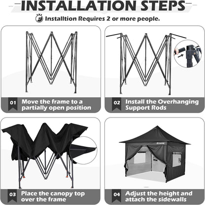 OUTFINE 12×12 Pop Up Canopy-Heavy Duty Canopy Tent with Sturdy Metal Frame(10×10 Base) Reinforced with Steel Cables, Roller Bag, Sidewall×4 for Exhibition, Party&Backyard (Black, 12 * 12FT Pro)