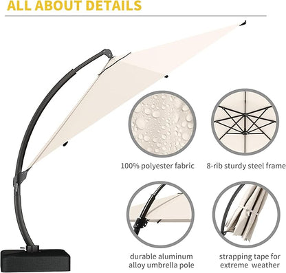 Kingdura 12ft Cantilever Patio Umbrella with Base Included, Large Round Offset Outdoor Pool Umbrella, 360° Rotation & Infinite Tilt, Heavy Duty Aluminum Frame for Deck Backyard, Creamy White