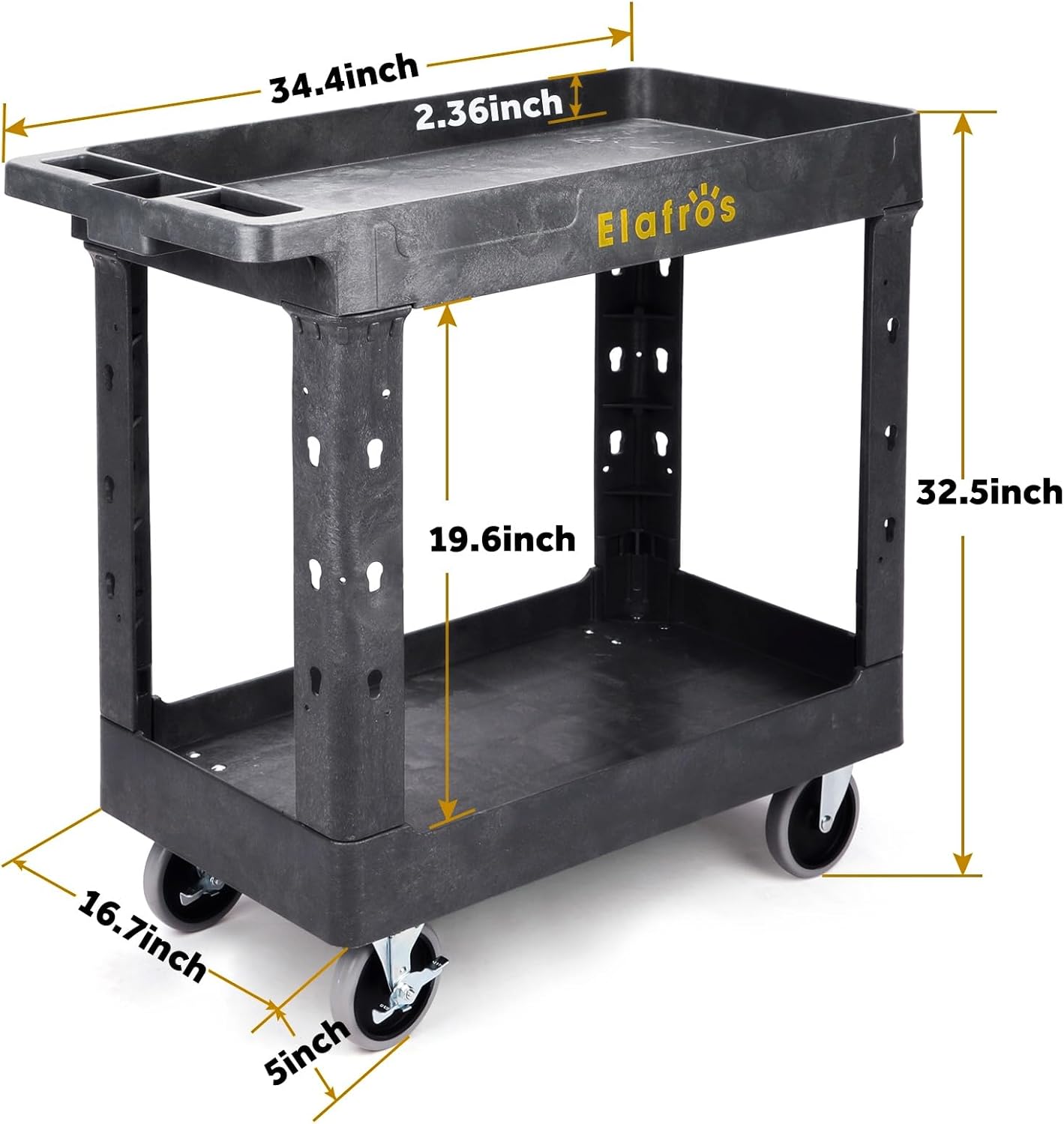 ELAFROS 2024 Model Heavy Duty Utility Cart 34x17 Inch, 2 Tier Rolling Service Cart with Deep Shelves, 550 lbs Capacity – Random Color Black or Gray, Clearance Work Cart