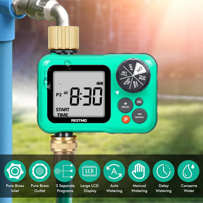 RESTMO Sprinkler Timer with Brass Inlet & Outlet, 3 Separate Programs Hose Timer, Programmable Water Timer for Garden Hose, Manual | Rain Delay | Automatic Watering System for Drip Irrigation and Lawn