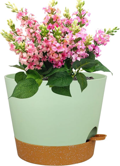 12 inch Large Self Watering Pots for Indoor Outdoor Plants, Flower Plant Pots with Drainage Holes for Garden House Plants, Plastic Planters with Reservoir for Home, Green with Brown