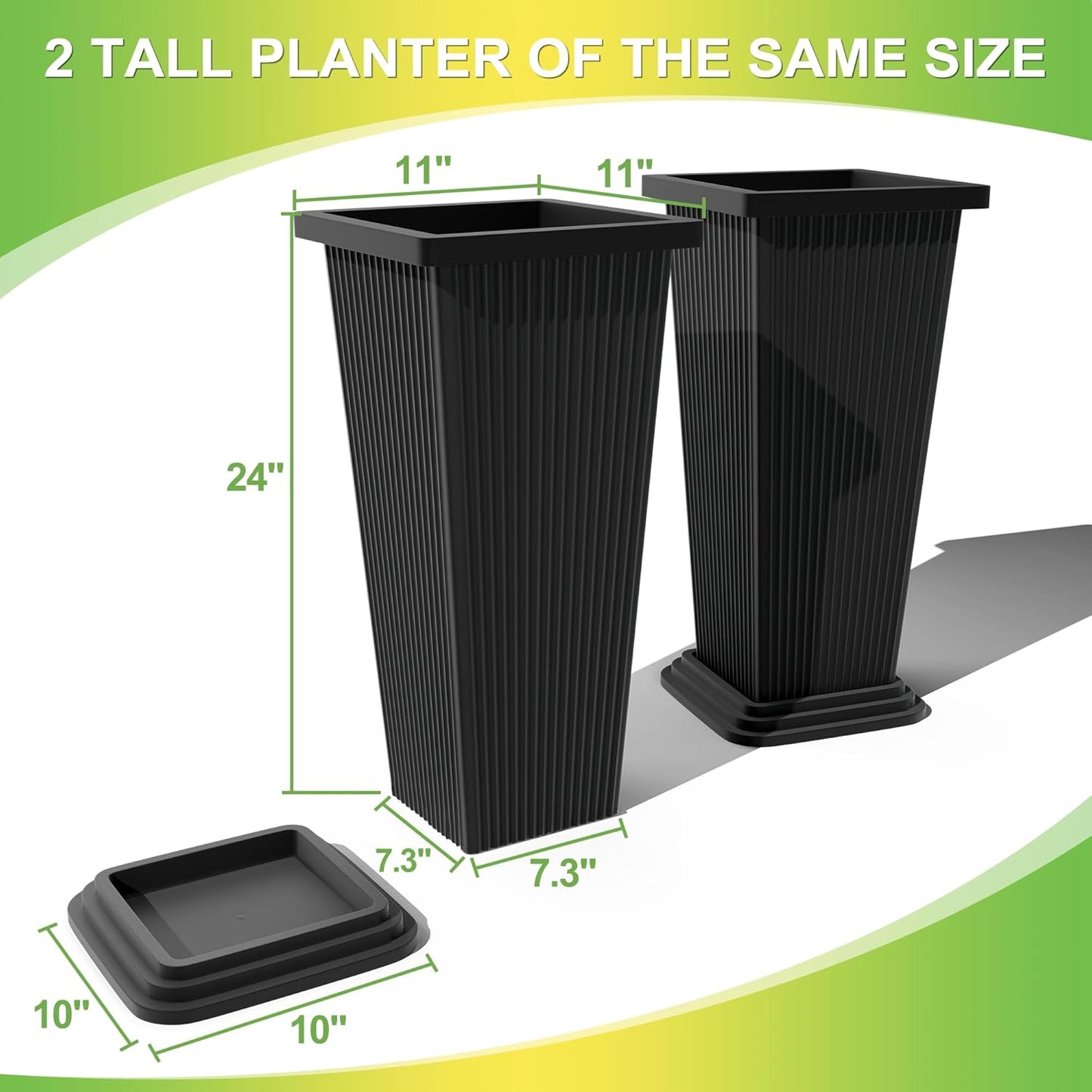 Set of 2 Large Tall Planter for Indoor or Outdoor 24" Flower Pots Tapered Tall Planters with Tray for Porch, Patio, Backyard, Large Planters for Outdoor Indoor Plants(Black,Striped)